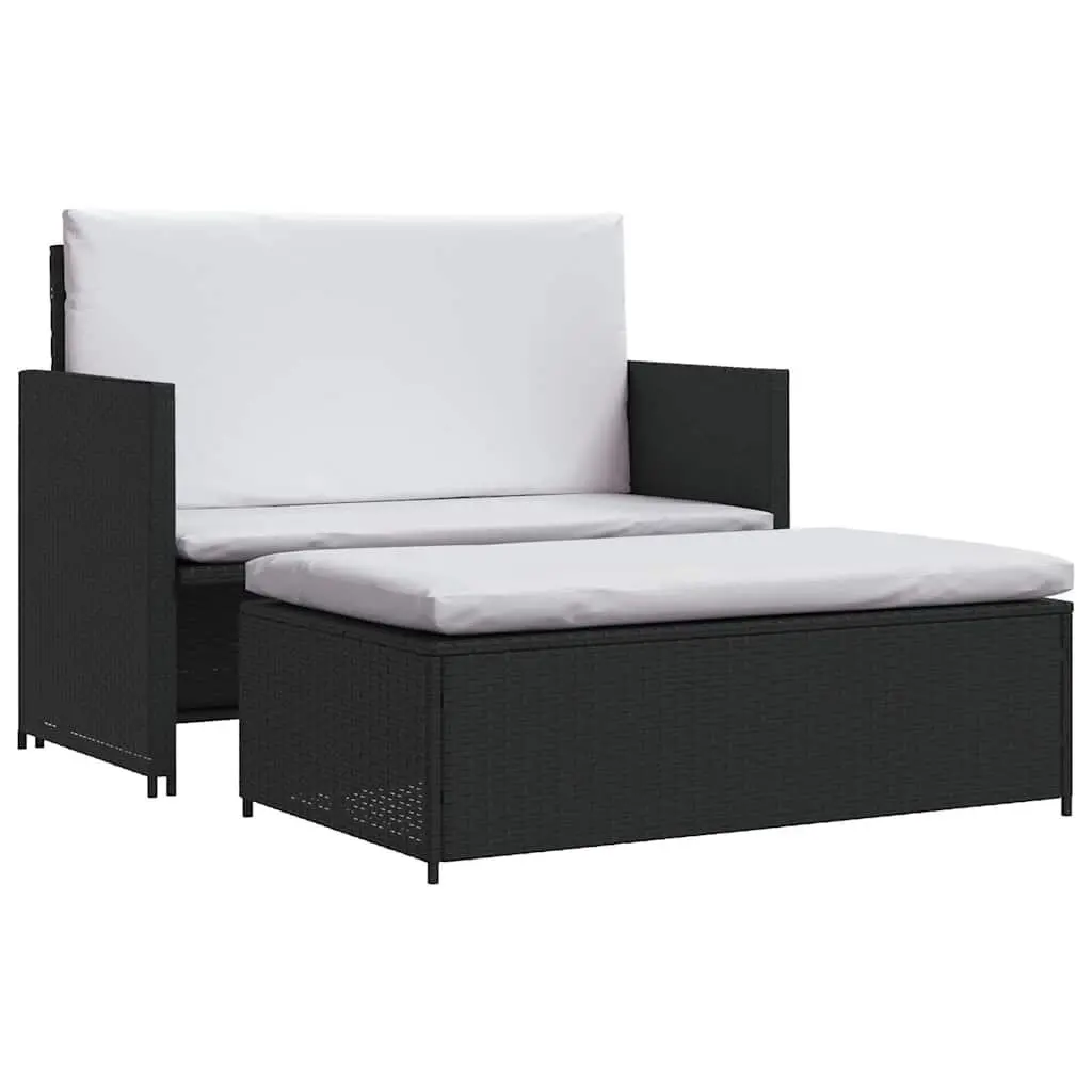 2 Piece Garden Lounge Set Black Weather-Resistant Poly Rattan Outdoor Sofa Stool