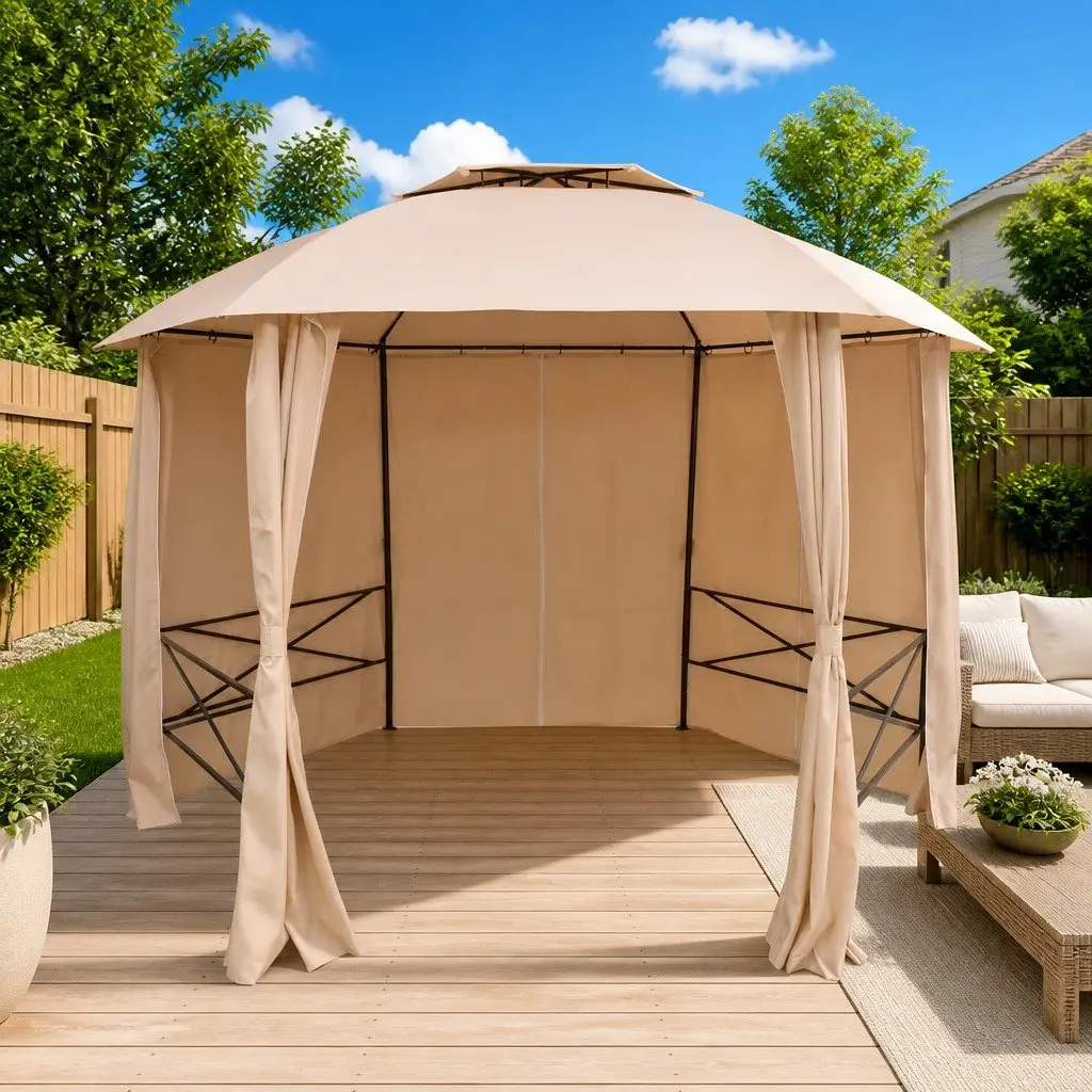 Hexagonal Garden Gazebo Pavilion Tent 360 x 265 cm Water-Resistant Polyester Roof with Curtains