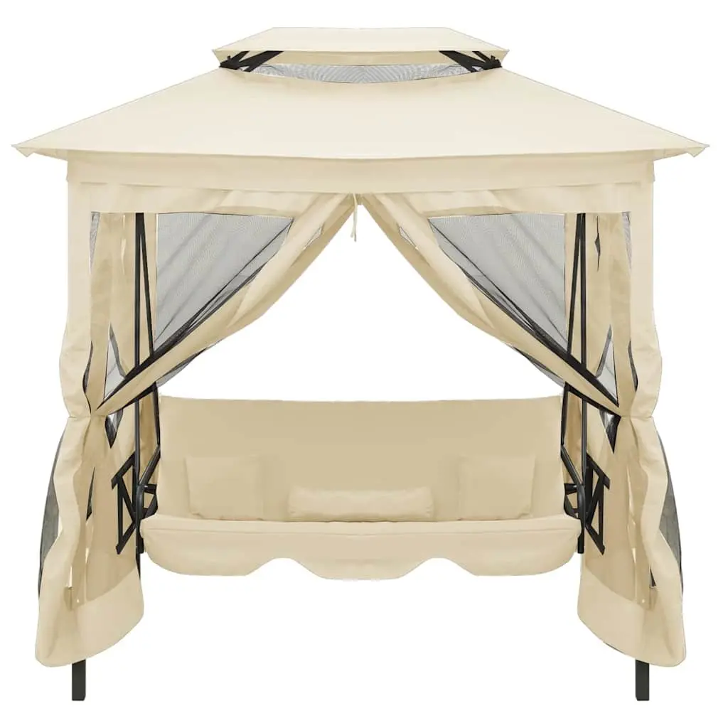 Gazebo Swing Bench Seat Two Person Canopy Cream White Converts to Bed Enclosed Mesh Curtains