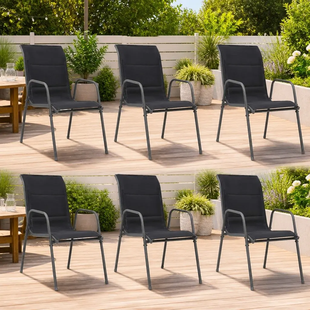 Outdoor Stackable Dining Chairs 6 Piece Set Steel Frame Garden Furniture Black