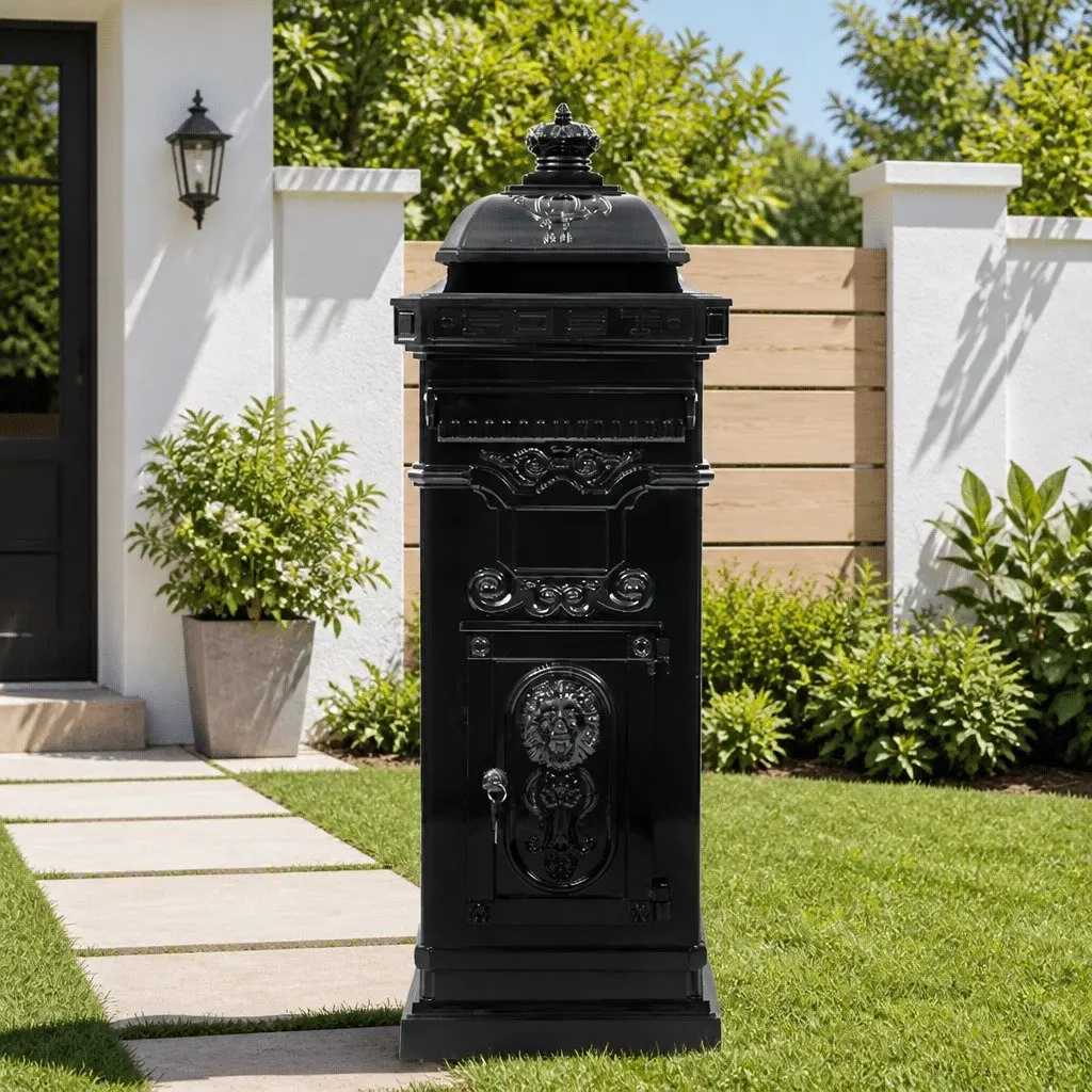 Vintage Style Black Pillar Mailbox Outdoor Garden Decor Weather Resistant with Lockable Doors