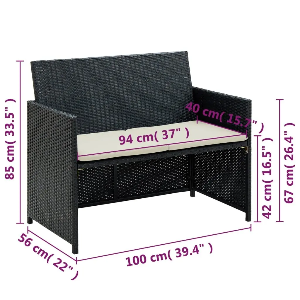 2-Seater Outdoor Sofa Black Rattan Weather-Resistant with Removable Cushions