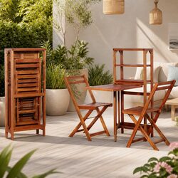 3 Piece Folding Bistro Set Outdoor Furniture Brown Wooden Garden Patio Chairs