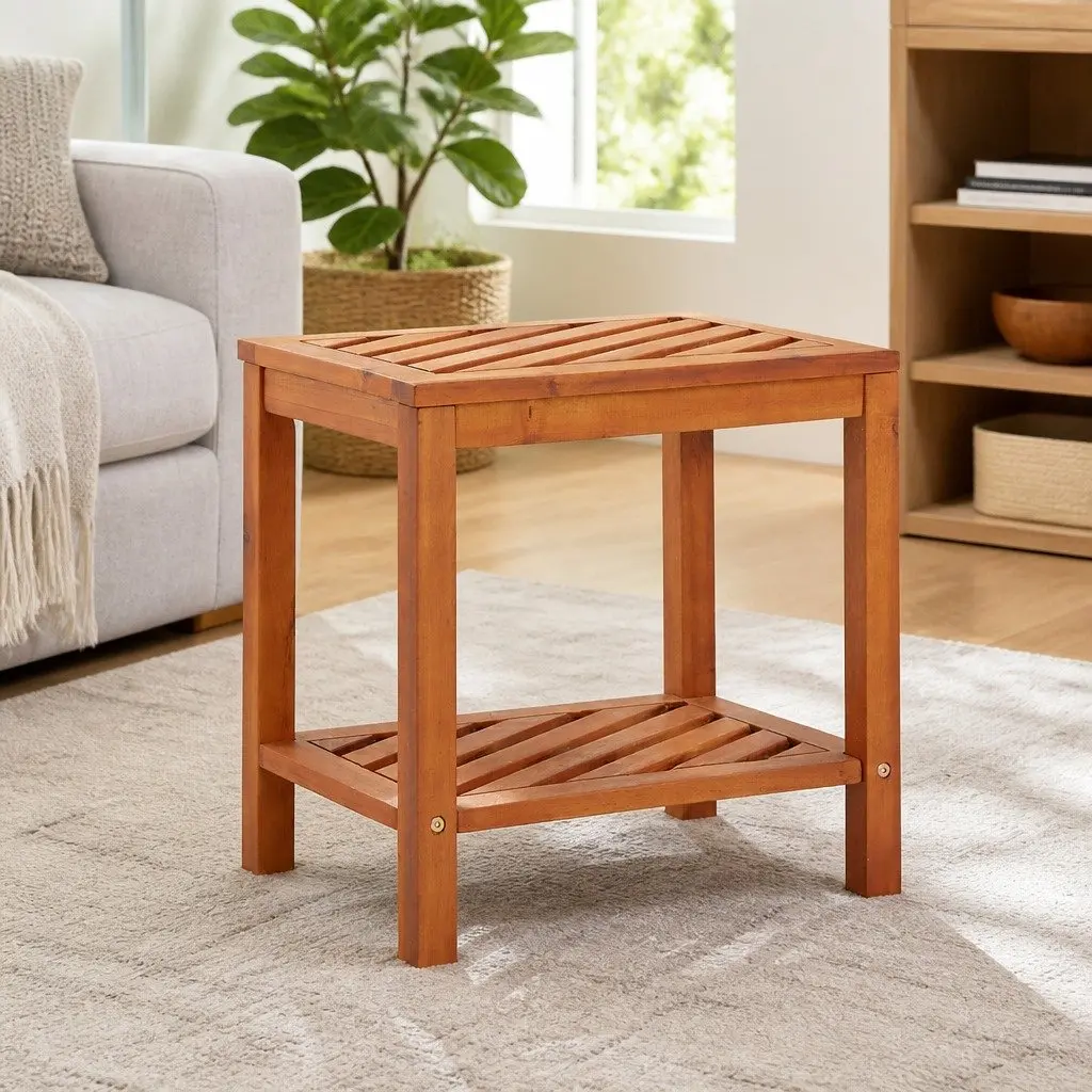 End Table Solid Wood Two-Tier Storage Accent Furniture with Shelf