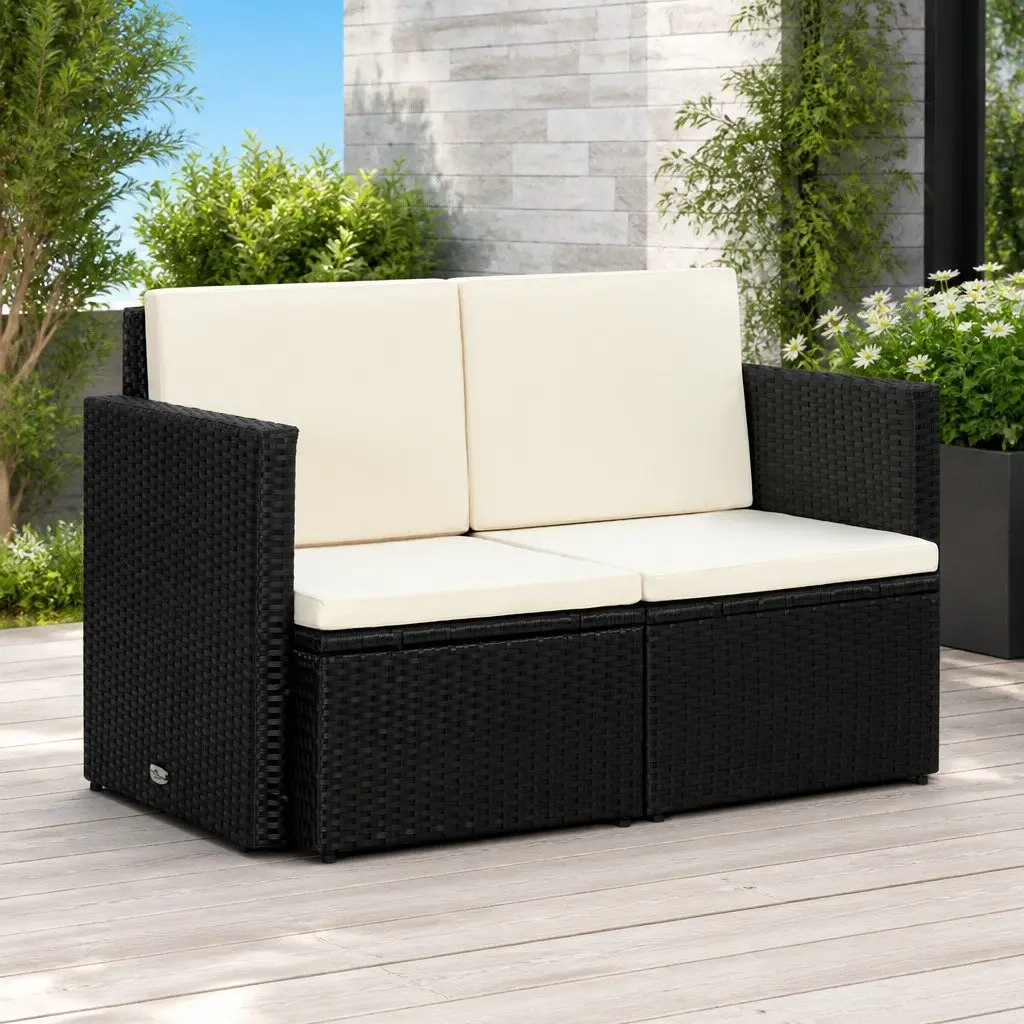 2 Seater Outdoor Sofa Black Poly Rattan Water Resistant with Cushions