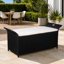 Outdoor Storage Bench 138cm Poly Rattan Garden Seating with Cushion Black