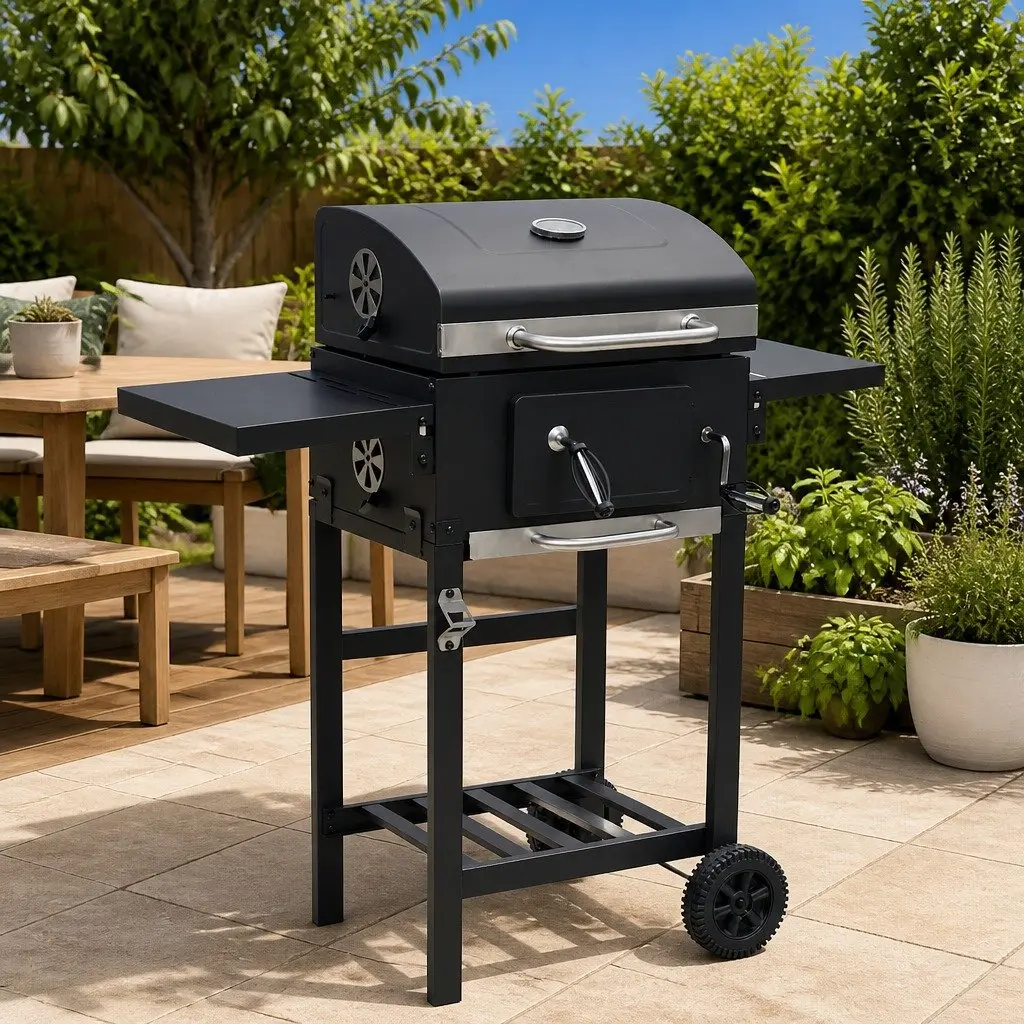 Charcoal BBQ Grill with Bottom Shelf and Integrated Thermometer Black Outdoor Cooking