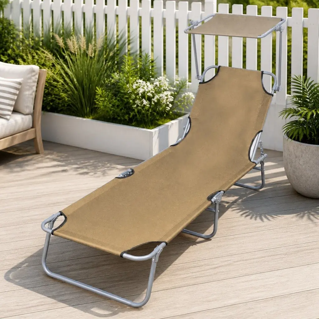 Sun Lounger Folding Chair with Canopy Adjustable Backrest Lightweight Portable Taupe