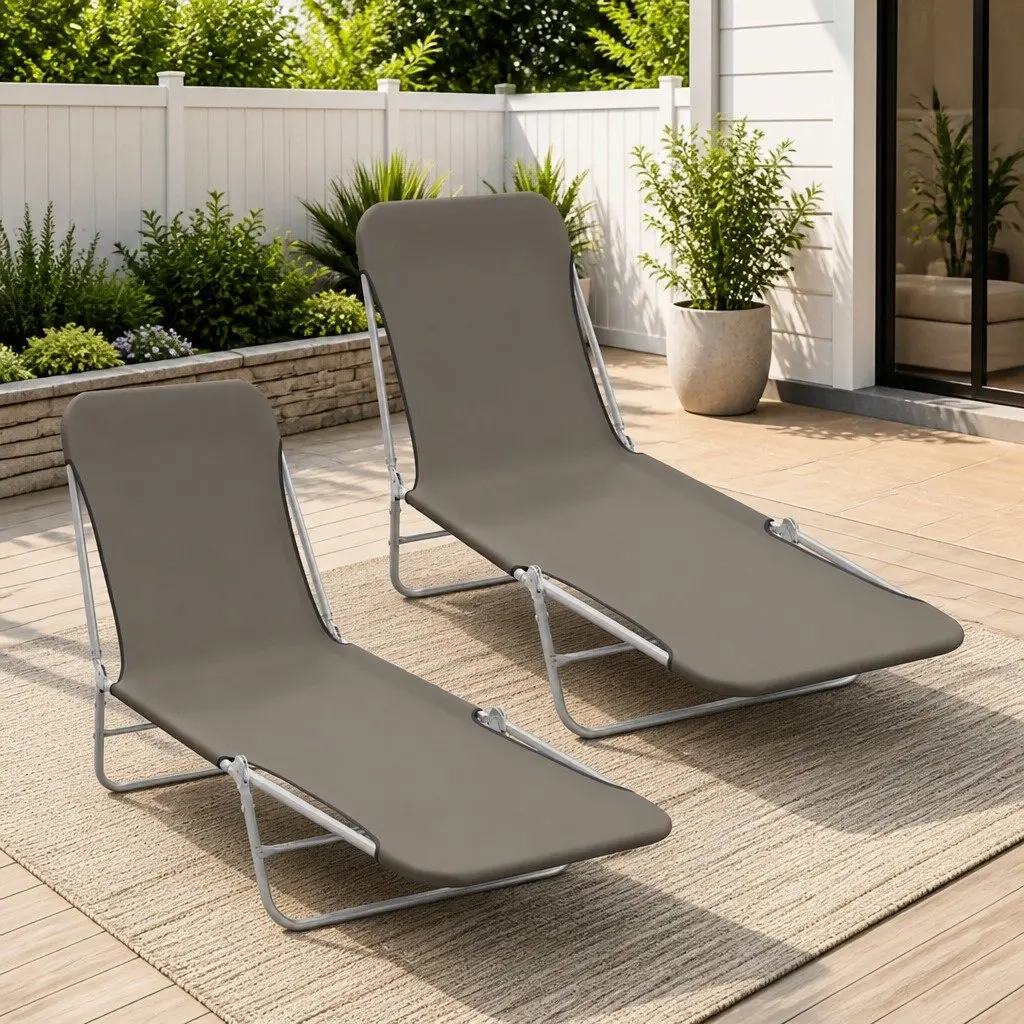 Folding Sun Loungers 2pc Set Adjustable Backrest Grey
