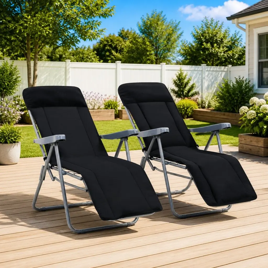 Folding Garden Chairs 2 pcs Black Steel Frame Adjustable Recline Cushions