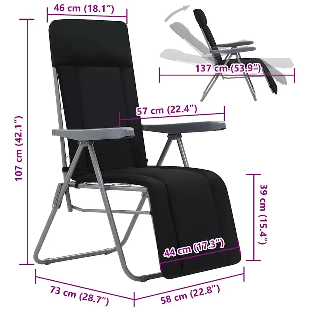 Folding Garden Chairs 2 pcs Black Steel Frame Adjustable Recline Cushions