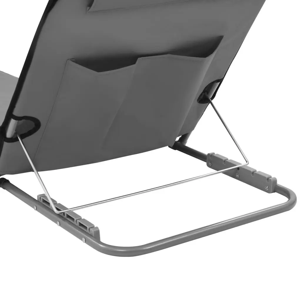 Folding Beach Chair Set 2 pcs Adjustable Backrest Steel Frame Fabric Grey