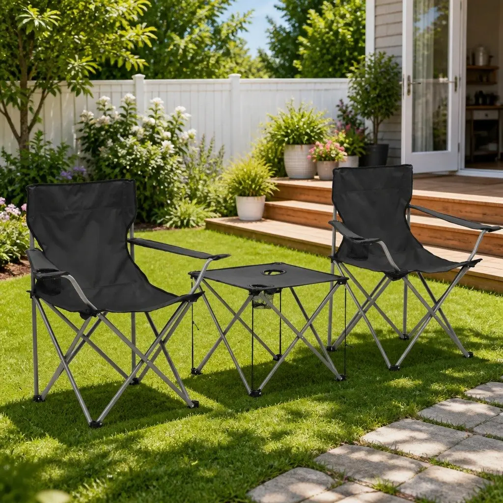 Foldable Outdoor Furniture Set Grey 3 Piece Camping Table and Chair with Steel Frame Lightweight Water Resistant