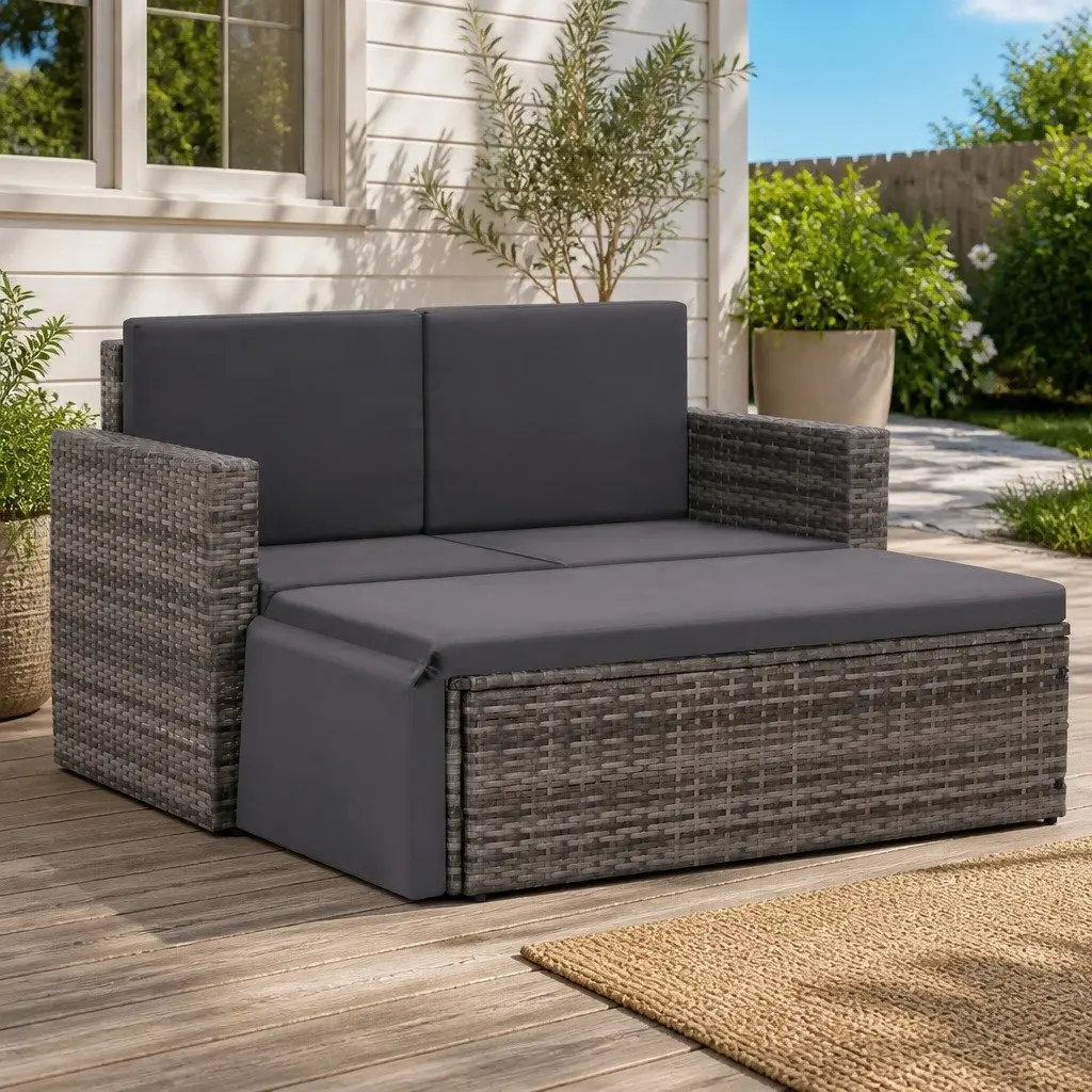 2 Piece Garden Lounge Set Grey Poly Rattan Sofa Stool with Fold-out Footrest and Cushions
