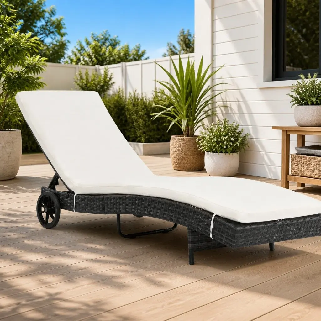 Sun Lounger Adjustable Backrest with Wheels Water-Resistant PE Rattan for Garden Patio