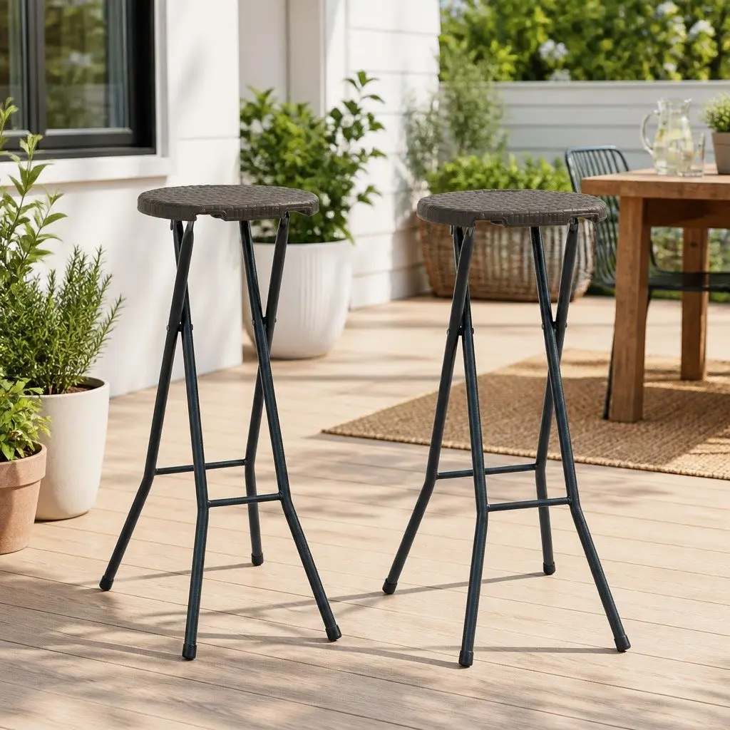 Folding Bar Stools 2 pcs Brown Rattan Look Outdoor Seating Garden Patio Chairs