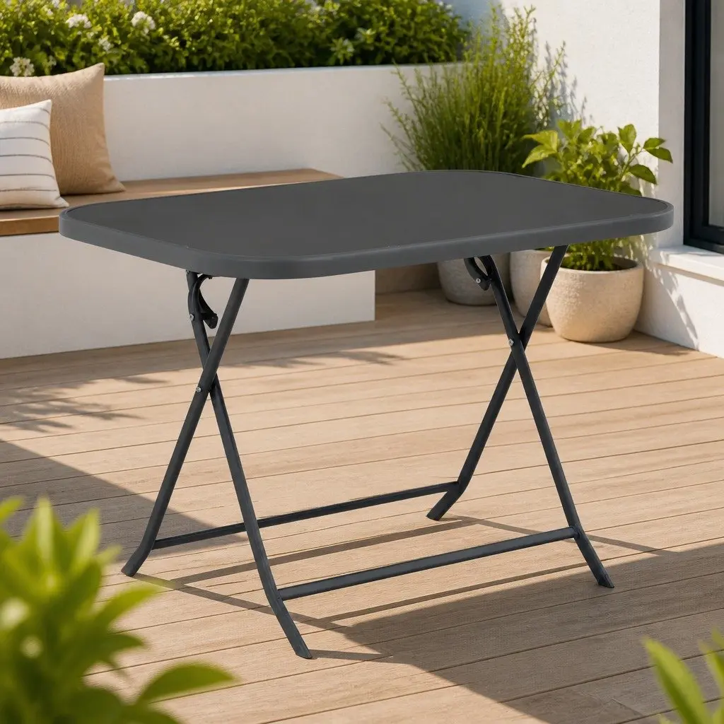 Folding Steel Frame Garden Table Grey Tempered Glass Outdoor 100x75x72cm