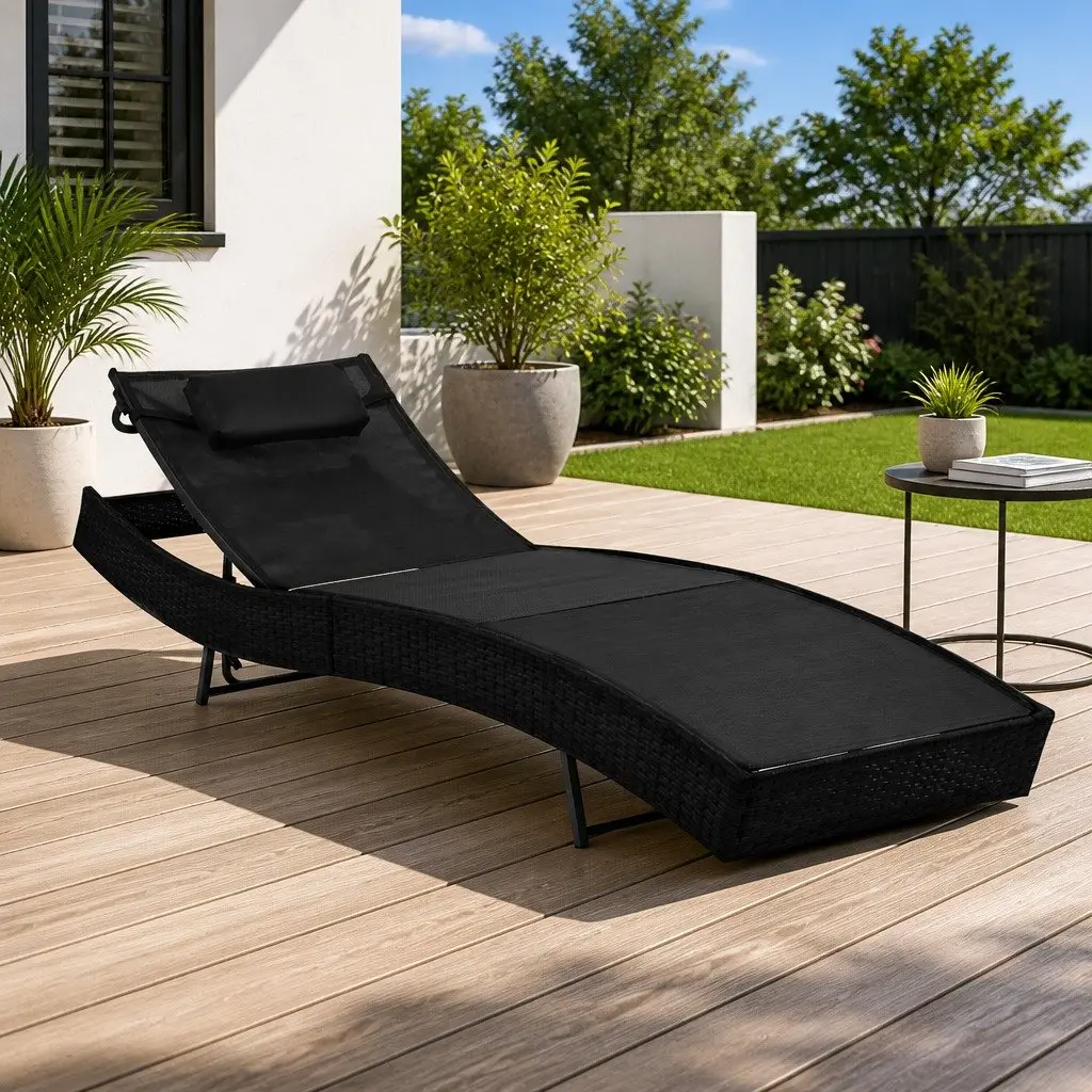 Reclining Sun Lounger Outdoor Chair Adjustable Black PE Rattan Textilene Poolside Patio Lounge with Pillow