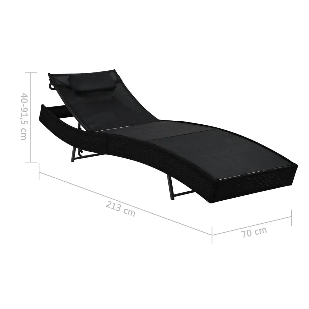 Reclining Sun Lounger Outdoor Chair Adjustable Black PE Rattan Textilene Poolside Patio Lounge with Pillow