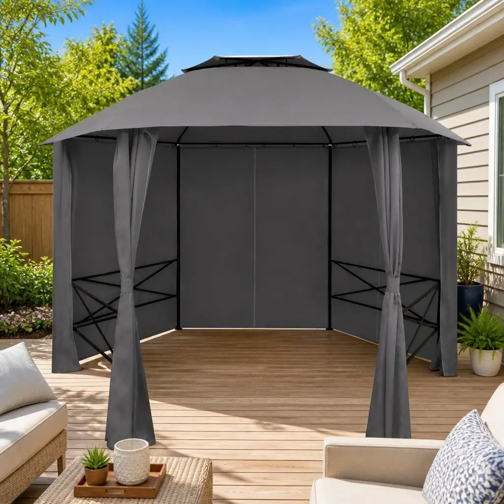 Hexagonal Garden Gazebo Pavilion Tent 360 x 265 cm Double-Vented Roof Water-Resistant Polyester Curtains Powder-Coated Steel Frame