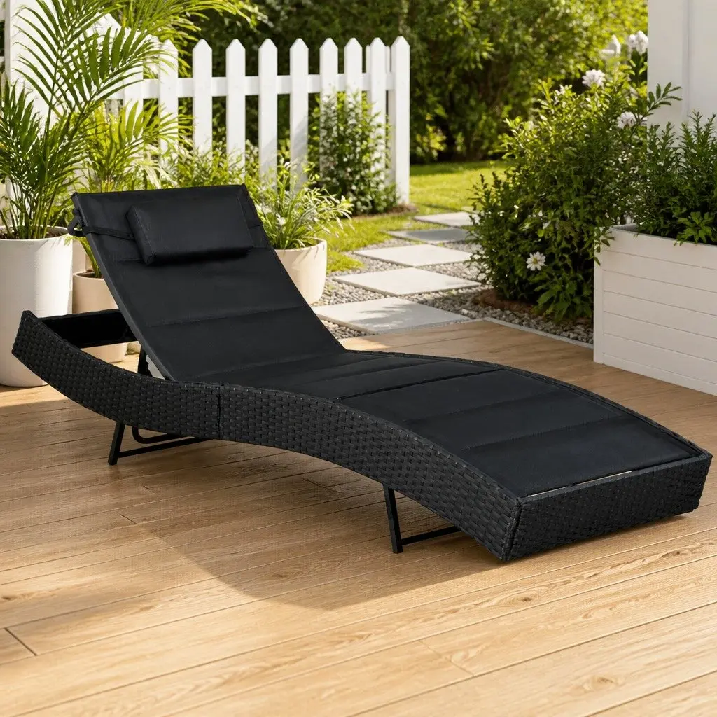 Outdoor Rattan Sun Lounger Adjustable Backrest Black Garden Patio Pool