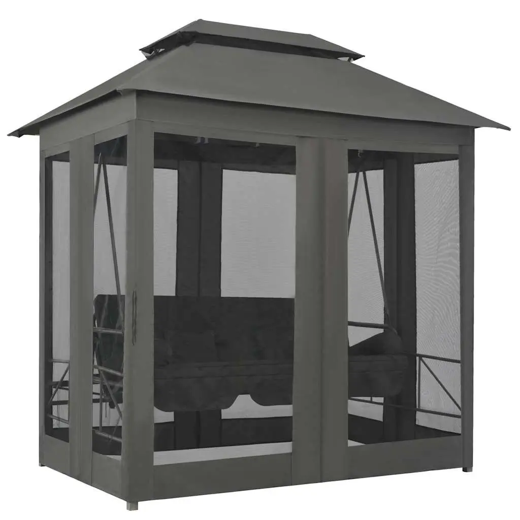 Outdoor Convertible Swing Bench Canopy Anthracite Steel Frame with Privacy Curtains and Pillows