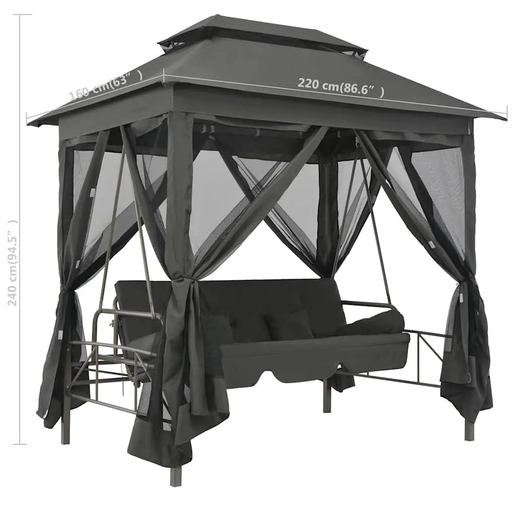 Outdoor Convertible Swing Bench Canopy Anthracite Steel Frame with Privacy Curtains and Pillows