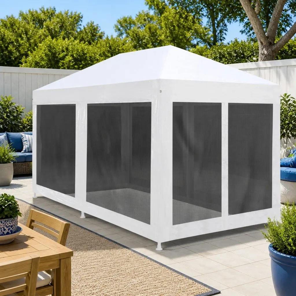 Party Tent 6x3 m White Mesh Sidewalls Insect Protection Outdoor Canopy Garden Gazebo Shelter