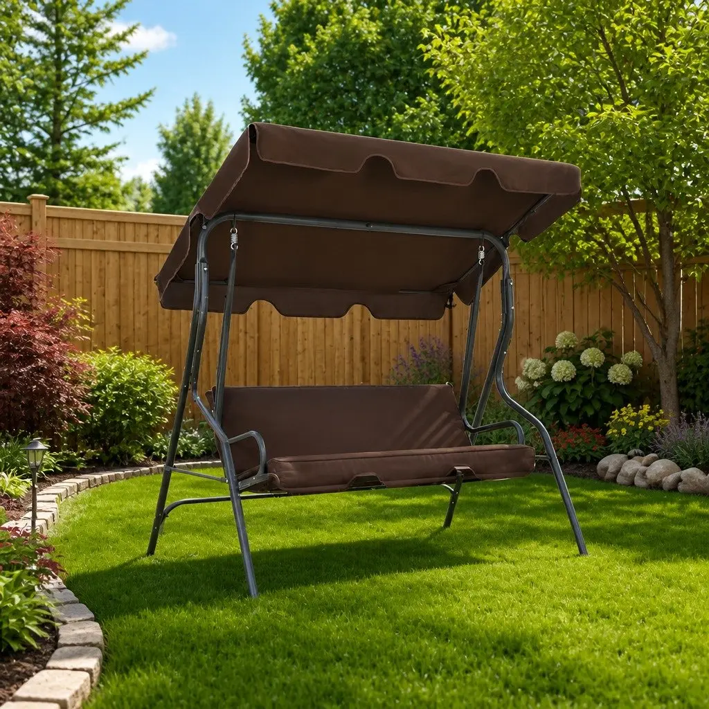 Garden Swing Bench with Canopy Brown Powder-Coated Steel Frame Water-Resistant Polyester Fabric