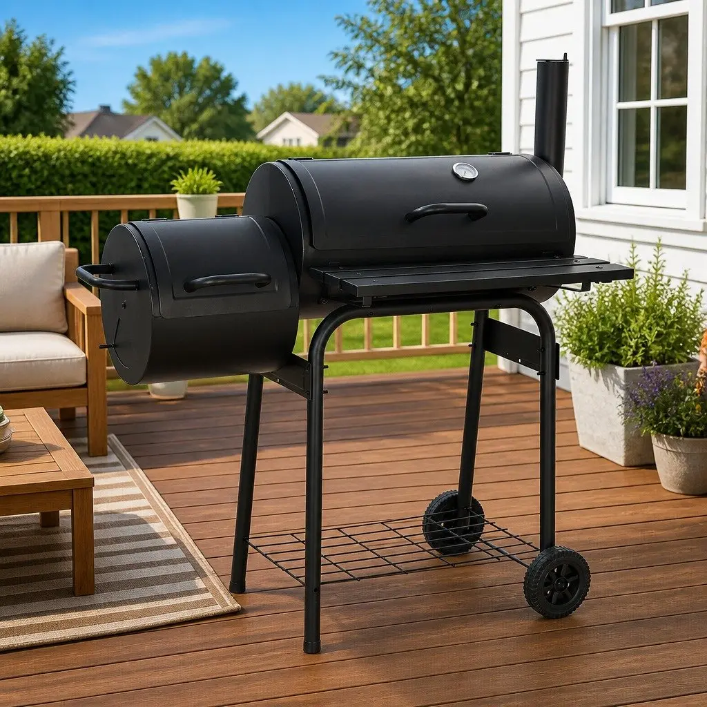 Charcoal BBQ Offset Smoker Black Large Cooking Chamber Side Firebox Integrated Thermometer