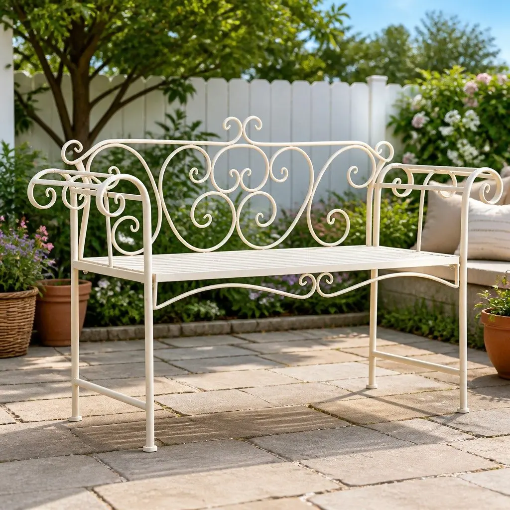 Garden Bench 132cm Weather Resistant Metal Scroll Pattern Antique White Frame