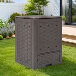 Garden Composter Brown 300L Plastic Rattan Look Outdoor Waste Bin Composting