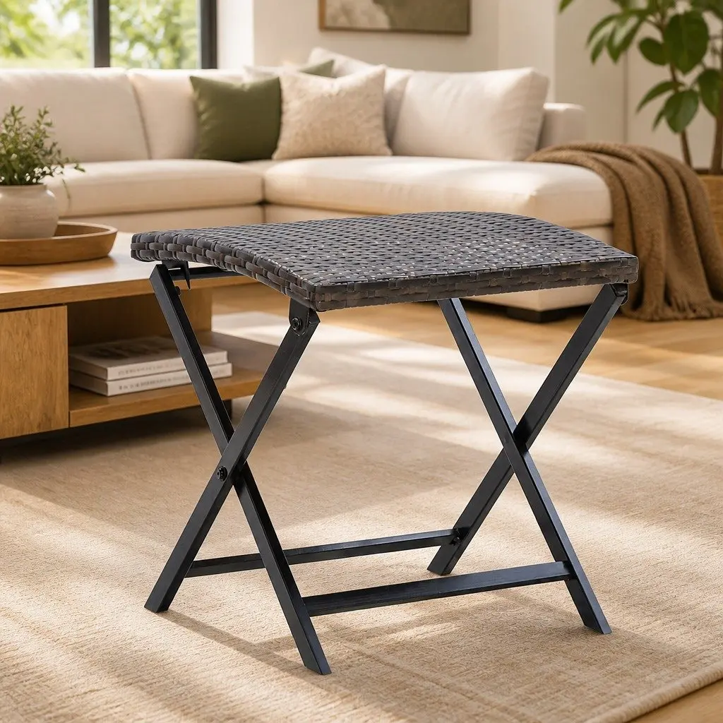 Folding Stool Brown Lightweight Portable Weather-resistant PE Rattan Outdoor Footrest