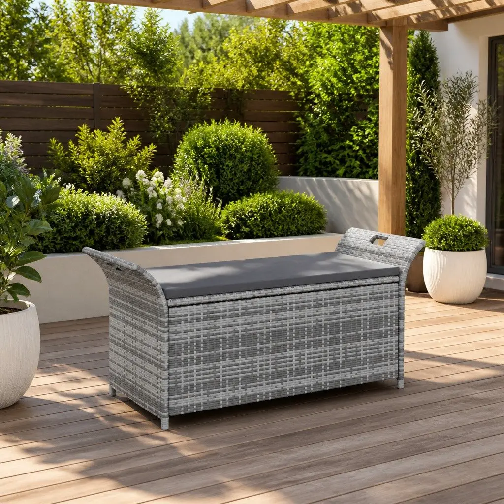 Outdoor Storage Bench 138cm Grey Water-resistant PE Rattan with Removable Washable Cushion