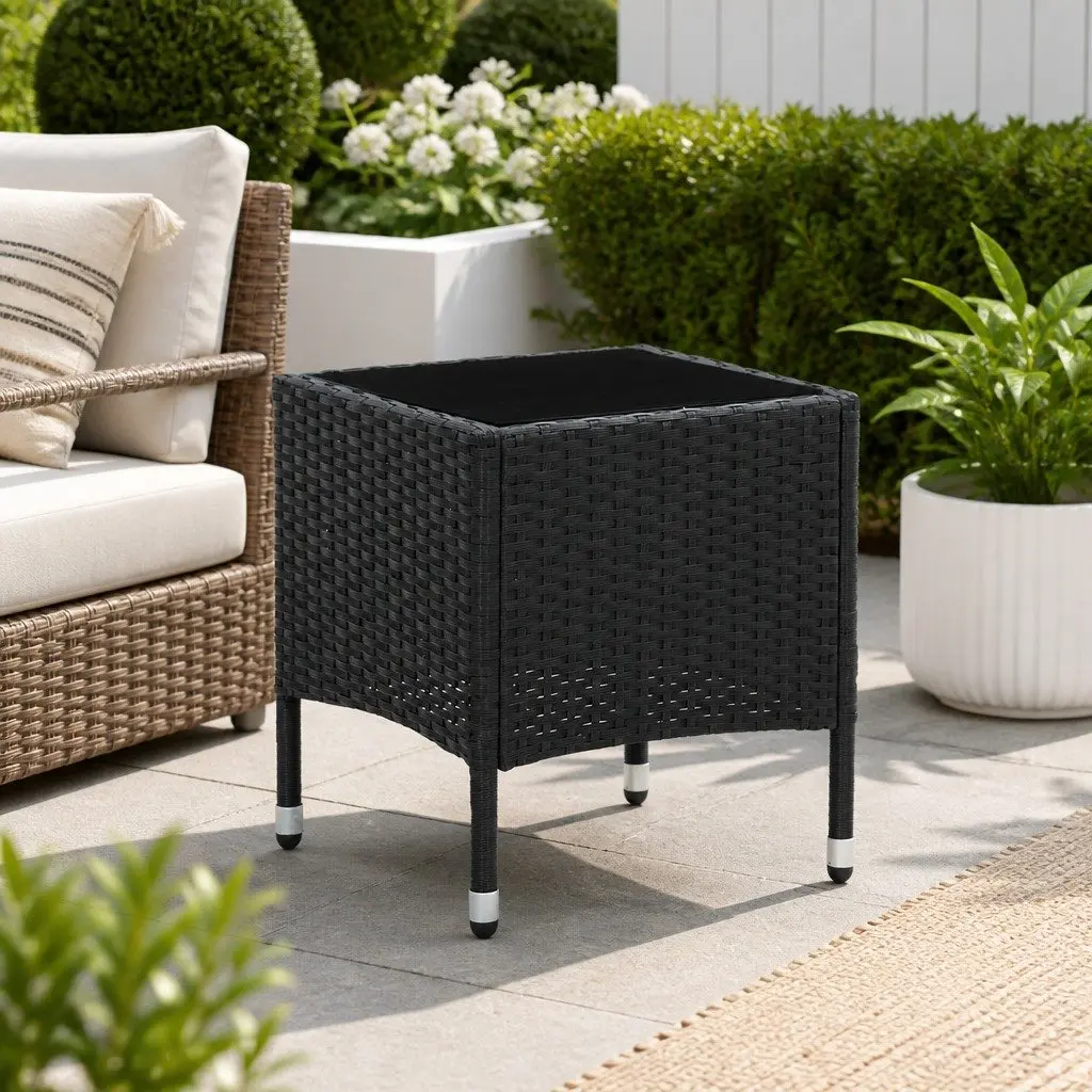 Garden Table 40x40x45cm Glass Top PE Rattan Steel Frame Black