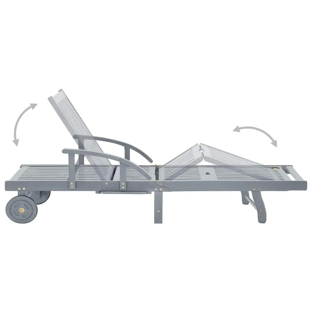 Adjustable Reclining Sun Lounger Grey Wooden Garden Patio Chair with Wide Armrests and Wheels