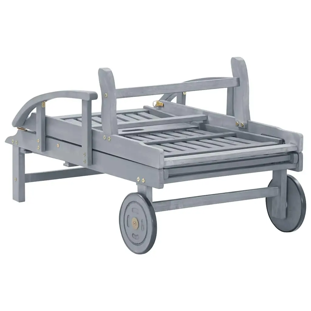 Adjustable Reclining Sun Lounger Grey Wooden Garden Patio Chair with Wide Armrests and Wheels
