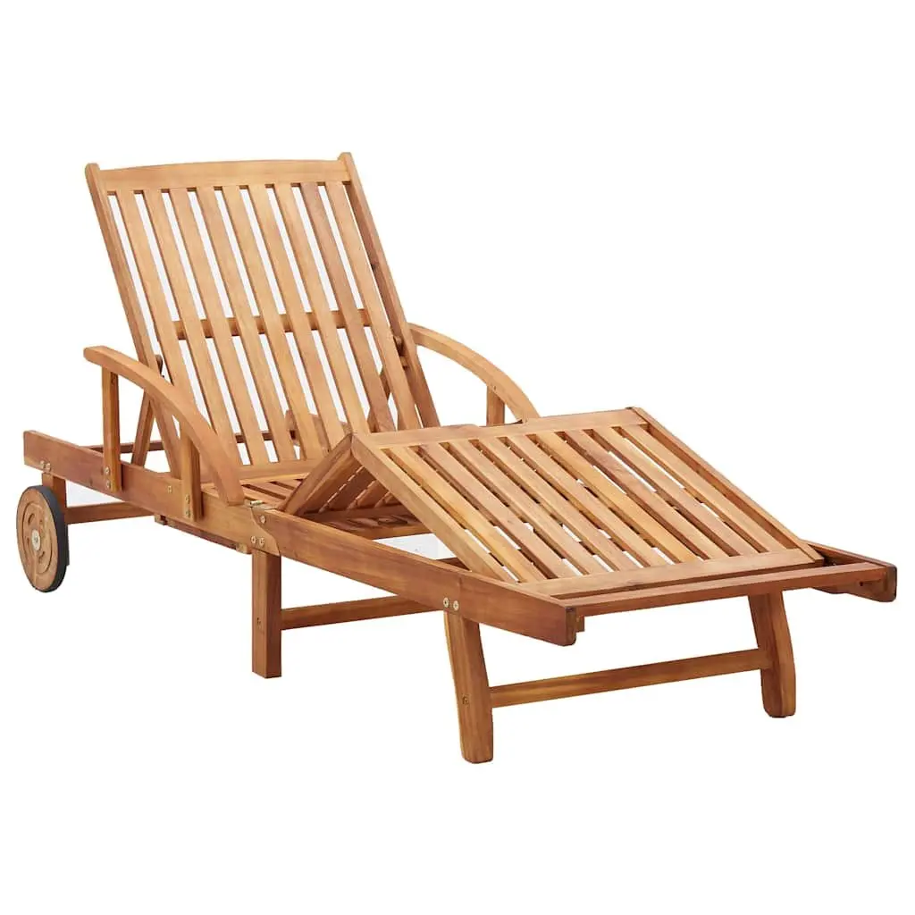Sun Lounger Outdoor Garden Chaise Lounge Chair Acacia Wood Adjustable Backrest with Cushion Wheels