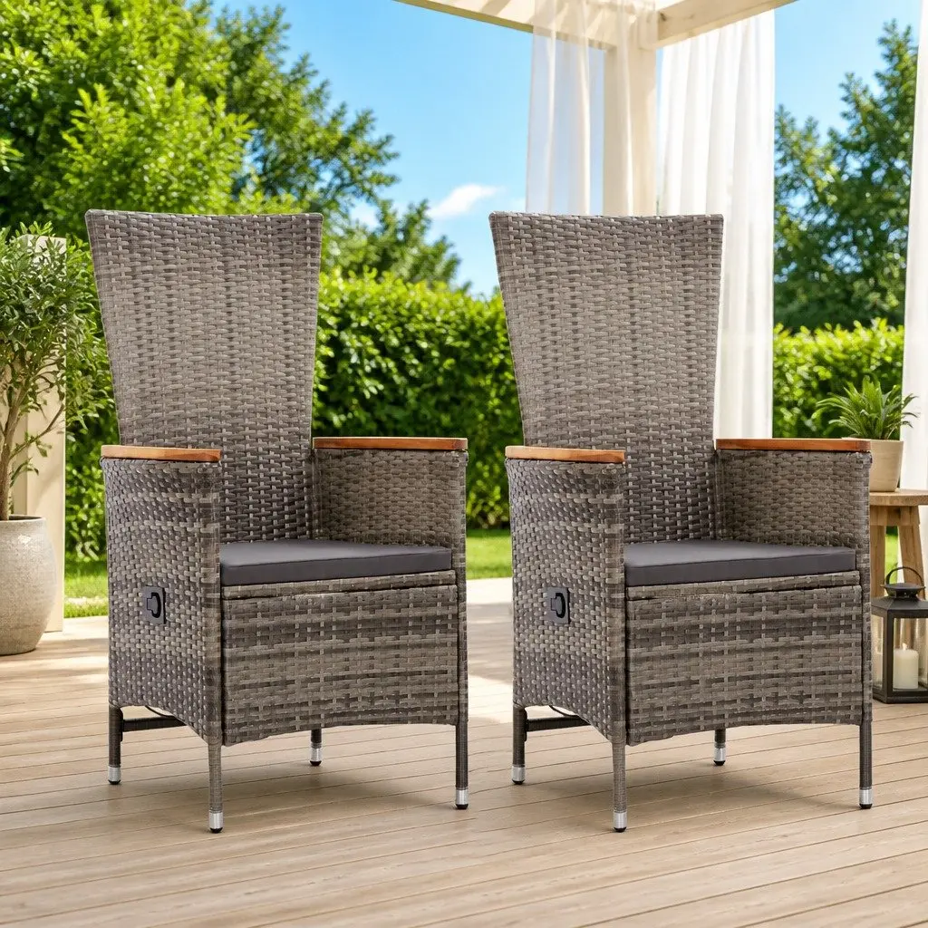 Outdoor Armchairs 2 pcs Set Grey Water-Resistant PE Rattan with Reclining Backrest and Cushions