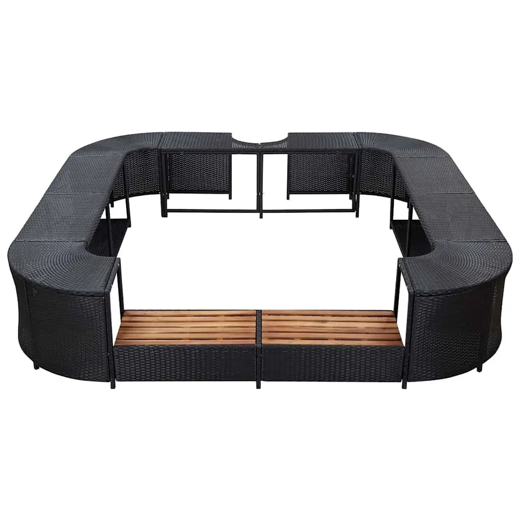 Square Spa Surround 268 x 268 cm Hot Tub Enclosure Black Poly Rattan with Steel Frame and Solid Wood Steps