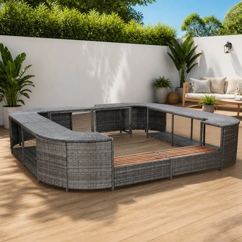 Square Spa Surround 268cm Water-resistant PE Rattan Hot Tub Enclosure with Powder-coated Steel Frame and Solid Acacia Wood Steps