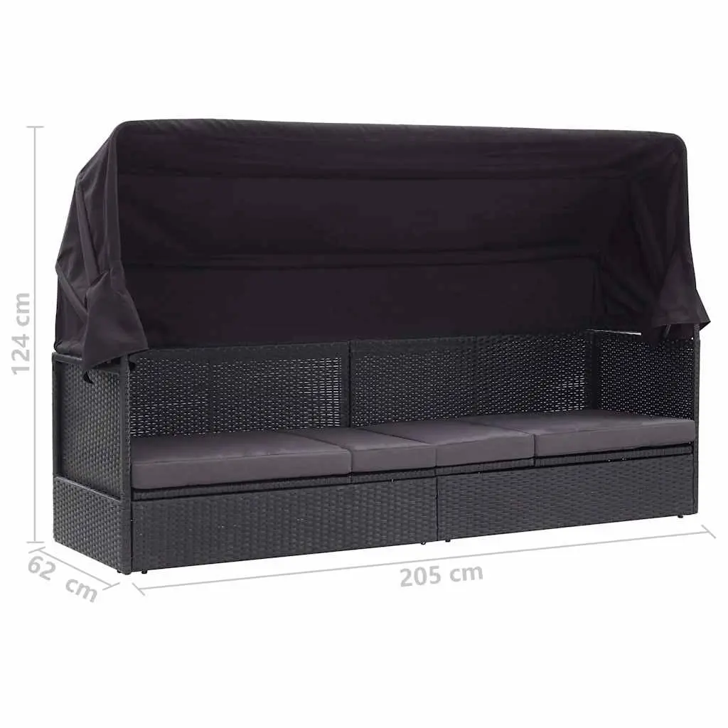 Outdoor Daybed with Canopy Black Weather Resistant PE Rattan Steel Frame Removable Cushion