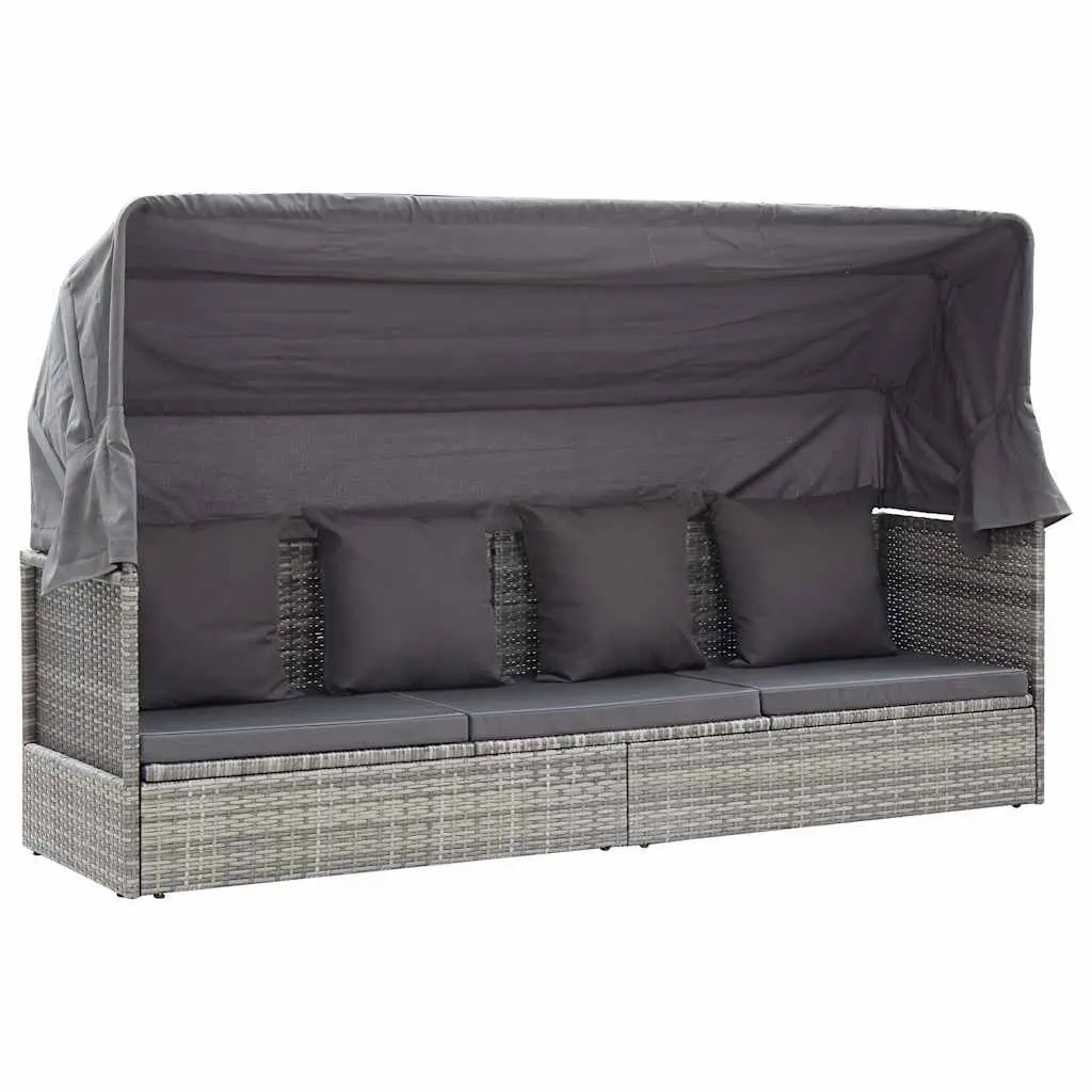 Garden Lounge Bed with Roof Grey Outdoor Daybed Poly Rattan Water Resistant UV Resistant Easy to Clean