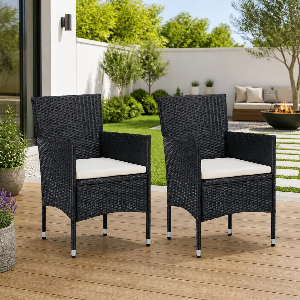 Outdoor Dining Chairs 2pc Set Black Weather Resistant Steel Frame with Cushions