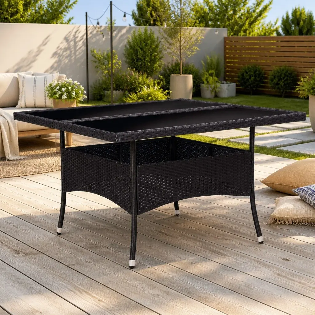 Outdoor Dining Table Black 4 Seater Weather Resistant PE Rattan Reinforced Tempered Glass Top