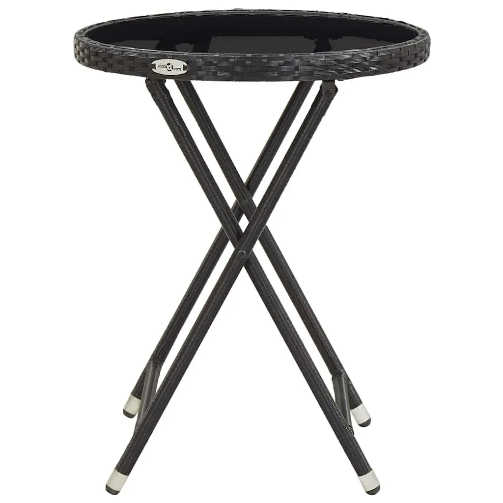 Outdoor Tea Table Black Poly Rattan Tempered Glass Patio Garden Folding