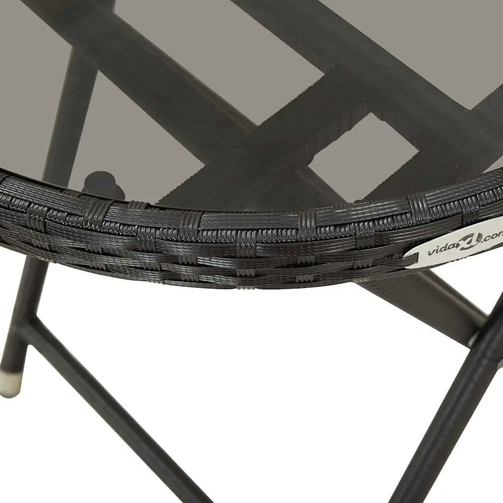 Outdoor Tea Table Black Poly Rattan Tempered Glass Patio Garden Folding