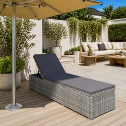 Sun Lounger with Cushion Poly Rattan Grey Outdoor Seating Relaxing Patio Garden