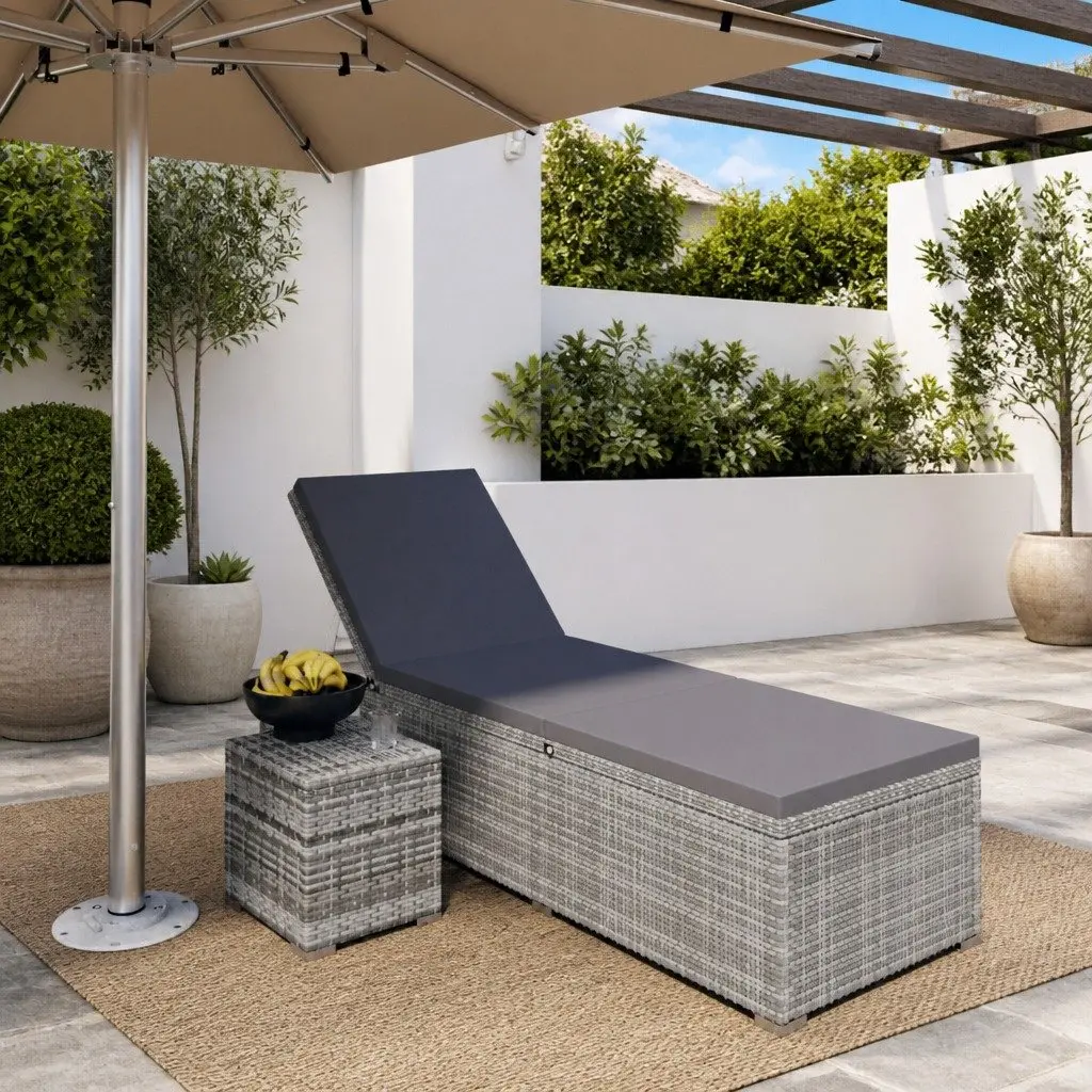 Sun Lounger with Cushion and Tea Table Adjustable Backrest Grey Poly Rattan Outdoor Lounger