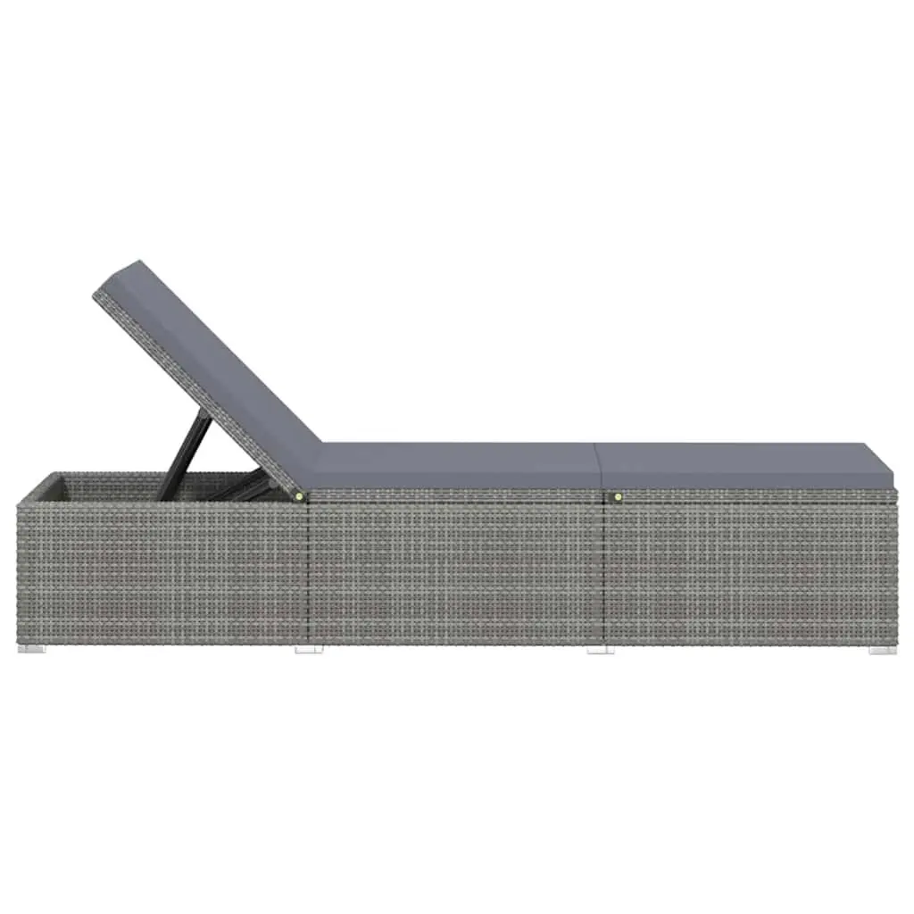 Sun Lounger with Cushion and Tea Table Adjustable Backrest Grey Poly Rattan Outdoor Lounger